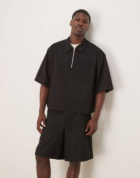 ASOS DESIGN - Chemise d'ensemble à manches mi-longues et col zippé - Noir - view 1