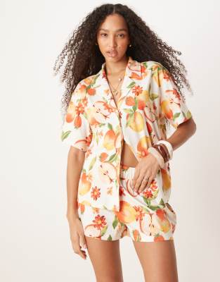 Chemise d'ensemble à revers en aspect lin à imprimé fruits-Blanc L