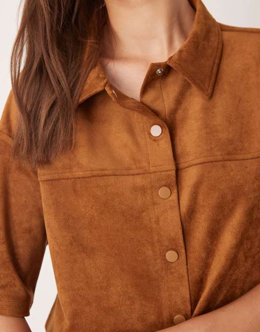 ASOS DESIGN - Chemise d'ensemble coupe carrée à manches courtes en imitation daim - Marron, 3 de 4