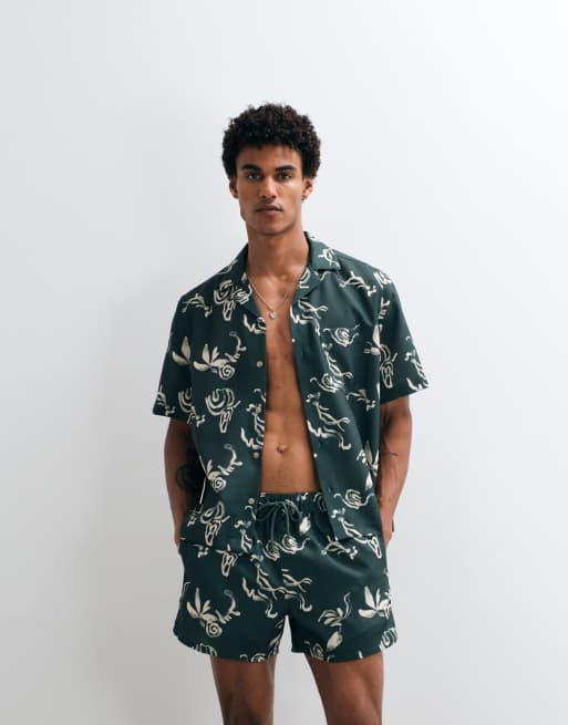 ASOS DESIGN - Chemise d'ensemble décontractée aspect lin avec col à revers et imprimé - Vert, 3 de 9