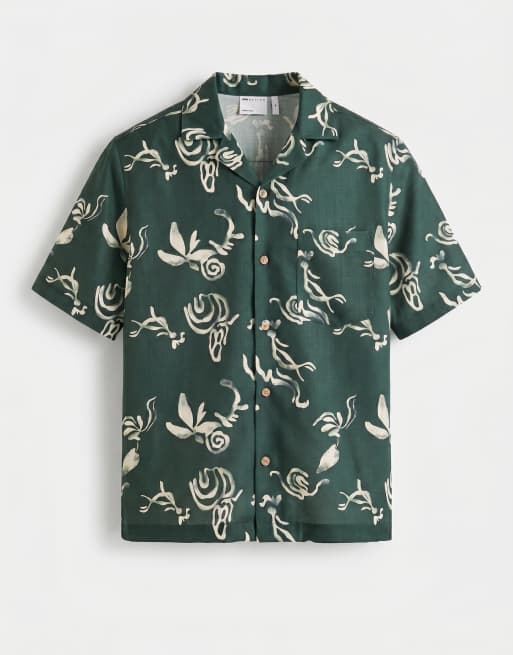 ASOS DESIGN - Chemise d'ensemble décontractée aspect lin avec col à revers et imprimé - Vert, 6 de 9