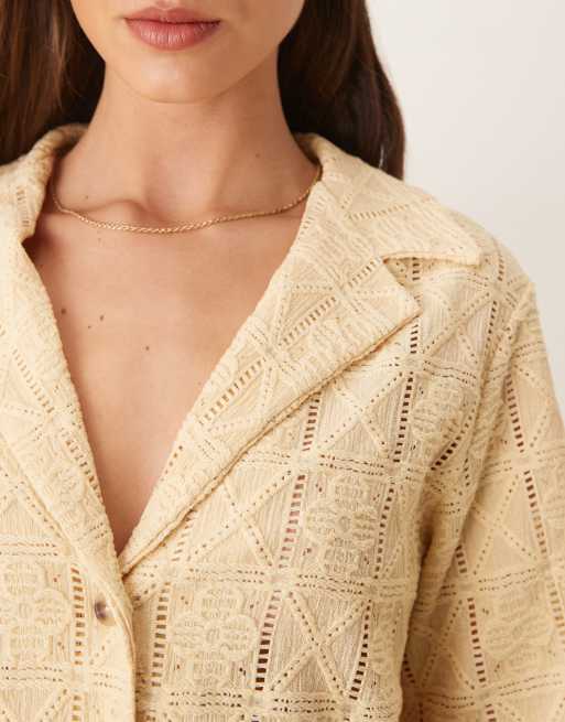 ASOS DESIGN - Chemise d'ensemble décontractée en crochet semi-transparent - Babeurre, 3 de 4