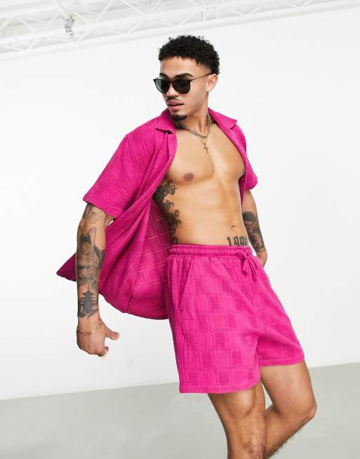 ASOS DESIGN - Chemise d'ensemble décontractée en maille crochetée texturée avec col à revers - Rose