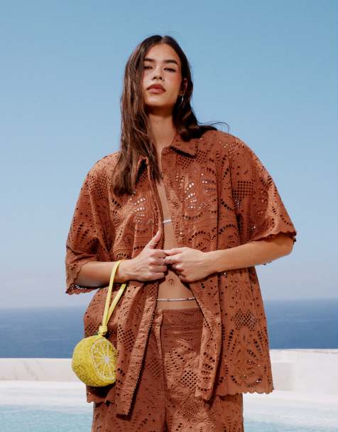 ASOS DESIGN - Chemise d'ensemble en broderie anglaise de qualité supérieure - Moka - view 1