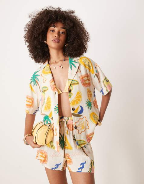 ASOS DESIGN - Chemise d'ensemble en lin mélangé à imprimé tropical et manches courtes - view 1