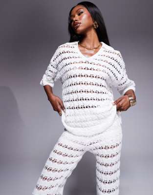 Chemise d'ensemble en maille ajourée avec col - Blanc M