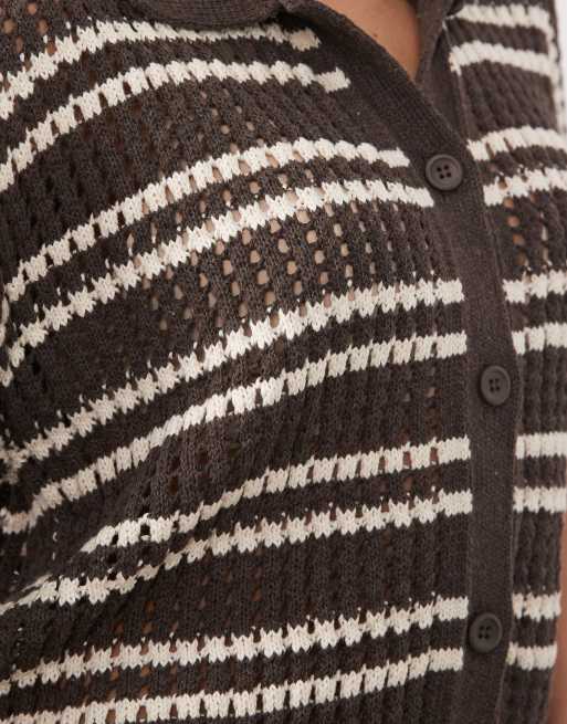 ASOS DESIGN - Chemise d'ensemble en maille crochetée à rayures - Marron, 3 de 4