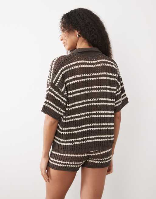 ASOS DESIGN - Chemise d'ensemble en maille crochetée à rayures - Marron, 4 de 4