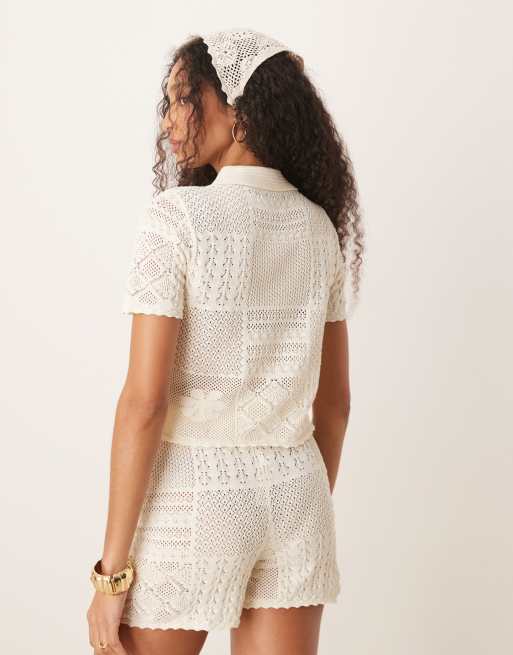 ASOS DESIGN - Chemise d’ensemble en maille style patchwork - Crème, 3 de 4