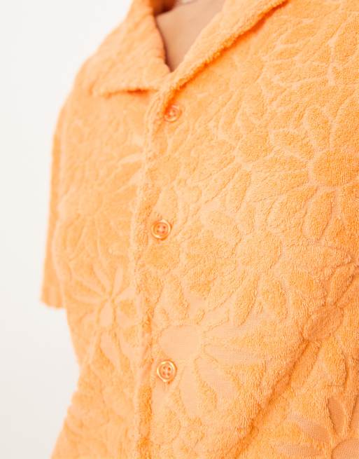 ASOS DESIGN - Chemise d'ensemble en tissu éponge texturé effet rétréci avec col à revers et imprimé fleurs - Orange, 4 de 4