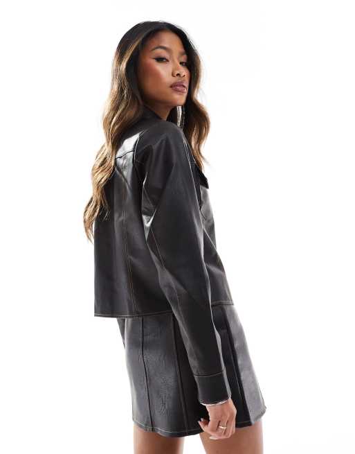 ASOS DESIGN - Chemise d'ensemble imitation cuir coupe carrée à coutures contrastantes - Noir, 4 de 4