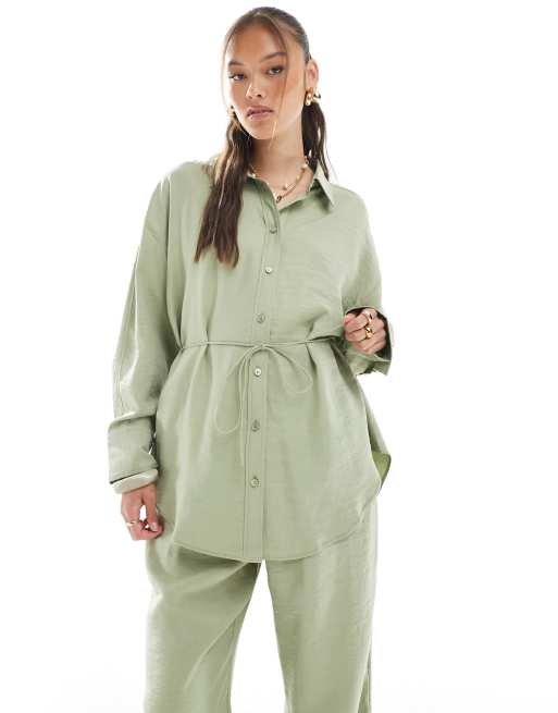 ASOS DESIGN - Chemise d'ensemble nouée à la taille en modal - Kaki, 2 de 4