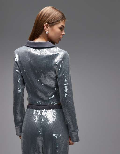 ASOS DESIGN - Chemise d'ensemble ornée de sequins avec col contrastant - Gris, 4 de 4