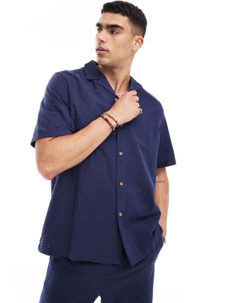 ASOS DESIGN - Chemise d'ensemble oversize à manches courtes style années 90 en crépon texturé - Bleu marine - view 1