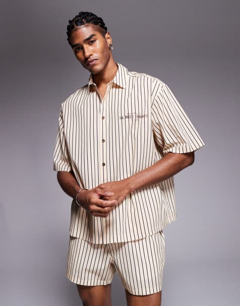 ASOS DESIGN - Chemise d'ensemble oversize coupe carrée à rayures et imprimé sur le devant - Beige - view 1