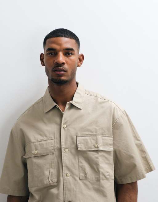 ASOS DESIGN - Chemise d'ensemble oversize coupe carrée en sergé de coton - Beige, 3 de 5