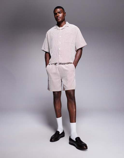 ASOS DESIGN - Chemise d'ensemble oversize coupe carrée en tissu gaufré avec col à revers - Marron/blanc, 2 de 5