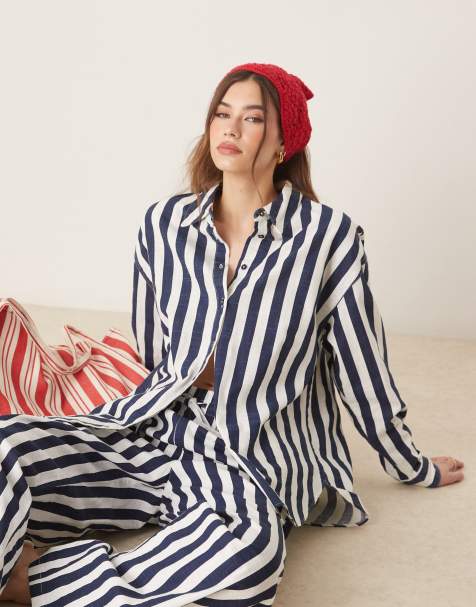 ASOS DESIGN - Chemise d'ensemble oversize en aspect lin à rayures - Bleu marine - view 1