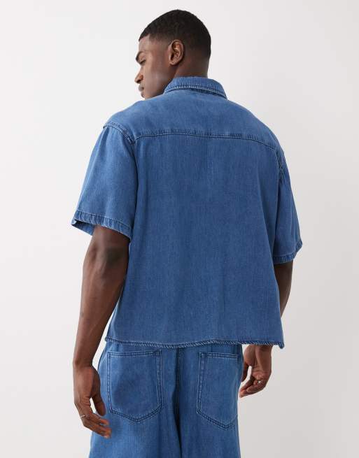 ASOS DESIGN - Chemise d'ensemble oversize en denim de lin mélangé à manches courtes - Bleu moyen délavé, 4 de 5