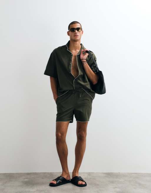 ASOS DESIGN - Chemise d'ensemble oversize en lin mélangé avec col à revers et broderies - Vert, 4 de 5