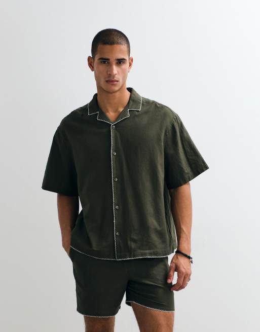 ASOS DESIGN - Chemise d'ensemble oversize en lin mélangé avec col à revers et broderies - Vert, 5 de 5