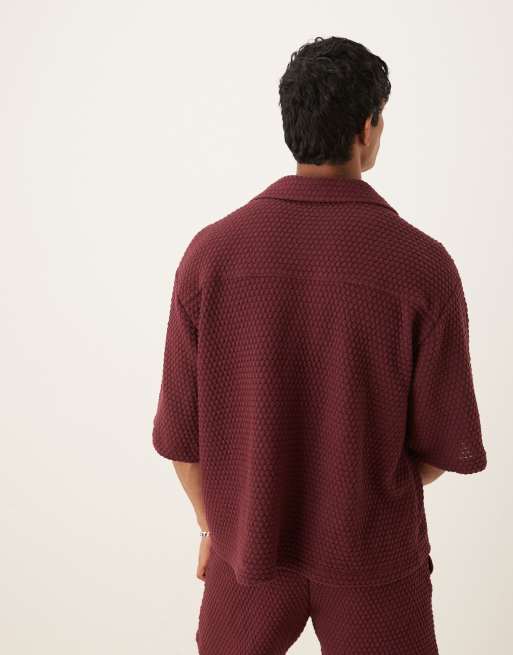 ASOS DESIGN oversized half sleeve crochet shirt in burgundy - part of a set
