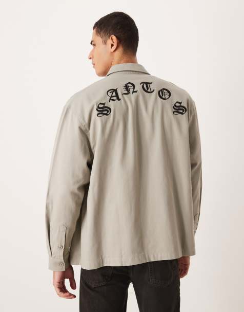 ASOS DESIGN - Chemise d'ensemble oversize en sergé avec col et broderie au dos - Beige - view 1