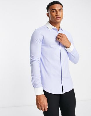 ASOS DESIGN slim fit smart shirt in textured fabric with contrast double cuff in blue - ASOS Price Checker