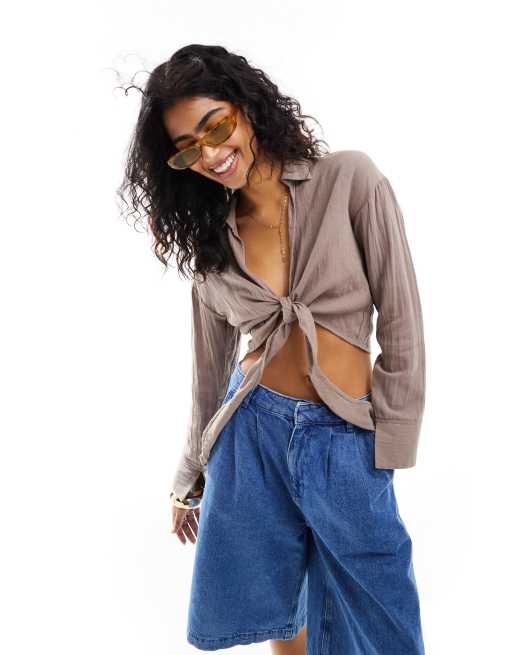 ASOS DESIGN - Chemise en gaze nouée sur le devant - Champignon