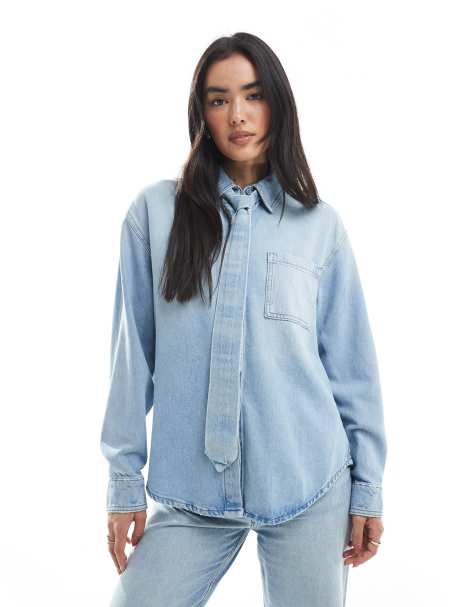 ASOS DESIGN - Chemise en jean avec détail cravate - Bleu clair - view 1