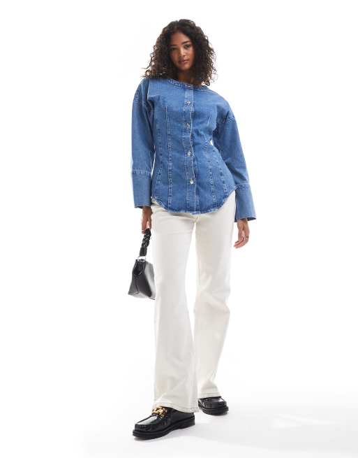 ASOS DESIGN - Chemise en jean cintrée à coutures visibles - Bleu moyen, 3 de 4