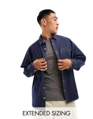ASOS DESIGN denim boxy oversized shirt with contrast stitching in dark indigo  - ASOS Price Checker