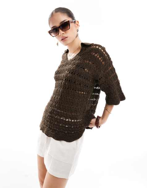 ASOS DESIGN - Chemise en maille ajourée avec col - Chocolat - view 1