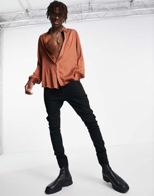 ASOS DESIGN - Chemise en satin avec manches blouson volumineuses - Marron cuivre, 4 de 4