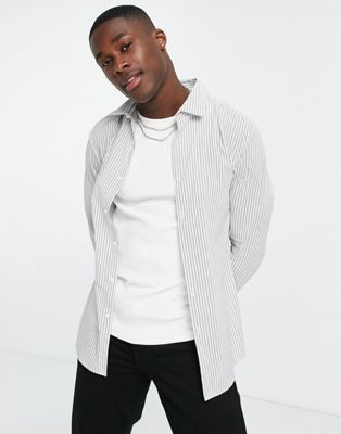 Homme Chemise habillée ajustée à rayures - Blanc et noir