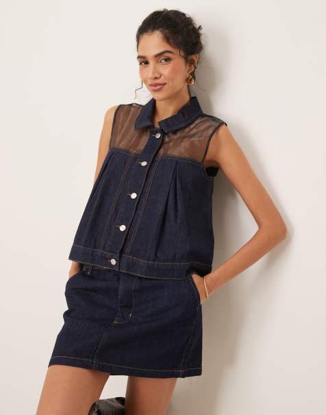 ASOS DESIGN - Chemise hybride en jean et mousseline - Bleu foncé - view 1