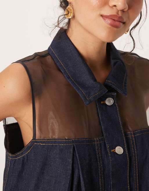 ASOS DESIGN - Chemise hybride en jean et mousseline - Bleu foncé, 2 de 4