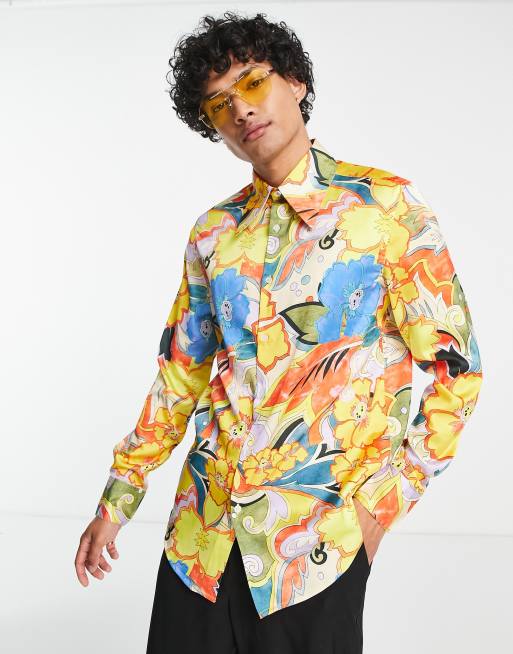 ASOS DESIGN - Chemise longue coupe classique en satin avec col style années 70 à fleurs - Multicolore - MULTI