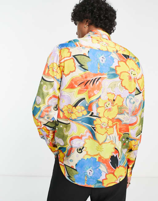 ASOS DESIGN - Chemise longue coupe classique en satin avec col style années 70 à fleurs - Multicolore - MULTI, 3 de 4