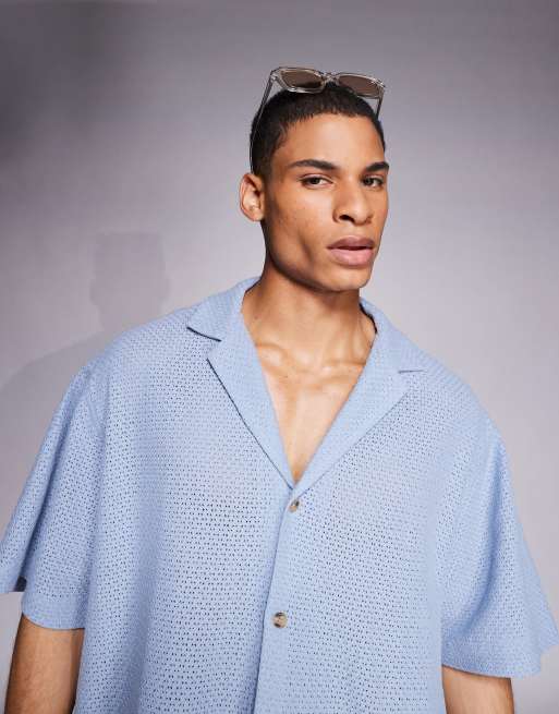 ASOS DESIGN - Chemise longue texturée oversize avec col échancré à revers - Bleu, 3 de 4