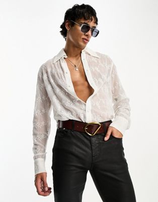 ASOS DESIGN longline sheer embroidered shirt with 70s collar in white - ASOS Price Checker