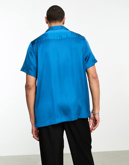 ASOS DESIGN - Chemise manches courtes décontractée en satin avec col à revers profonds - Bleu pétrole, 2 de 4