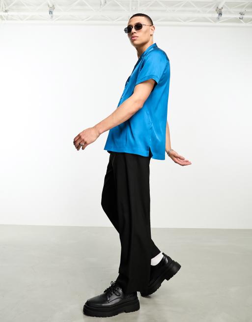 ASOS DESIGN - Chemise manches courtes décontractée en satin avec col à revers profonds - Bleu pétrole, 3 de 4