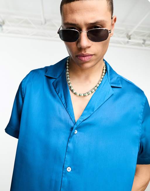 ASOS DESIGN - Chemise manches courtes décontractée en satin avec col à revers profonds - Bleu pétrole, 4 de 4