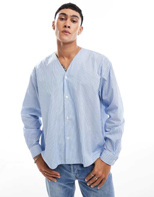 ASOS DESIGN - Chemise manches longues oversize coupe carrée à rayures et col style maillot de base ball - Bleu