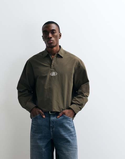 ASOS DESIGN - Chemise oversize à col polo avec broderie - Kaki - view 1