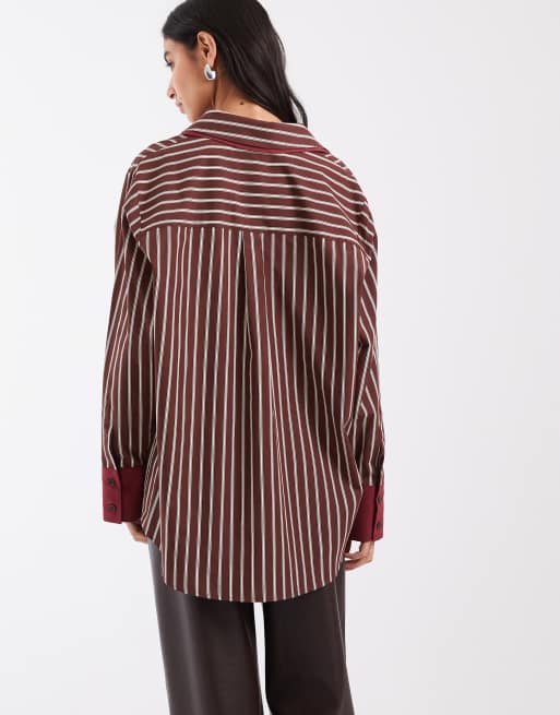 ASOS DESIGN chemise oversize à double épaisseur et col contrastant à rayures marron, 3 de 4