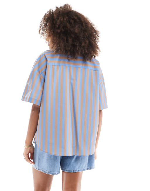 ASOS DESIGN - Chemise oversize à manches courtes en popeline - Bleu et marron rayé, 4 de 4