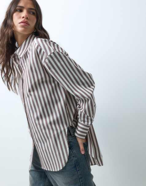 ASOS DESIGN chemise oversize à ourlet plongeant à rayures marron - view 1