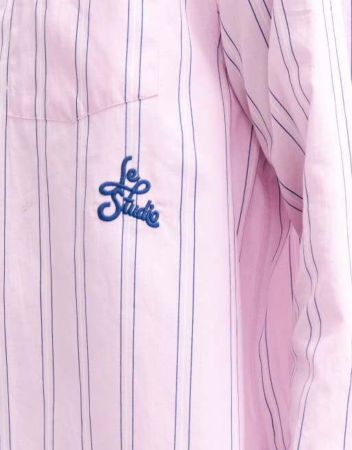 ASOS DESIGN chemise oversize à rayures avec broderie placée rose, 4 de 5